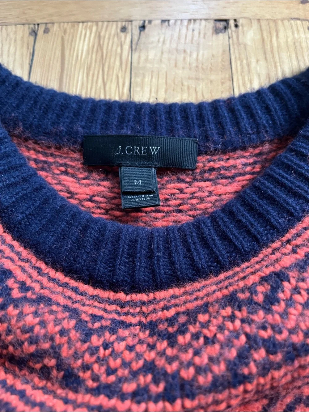 J. Crew Navy Crewneck Sweater with Red Fair Isle Yoke